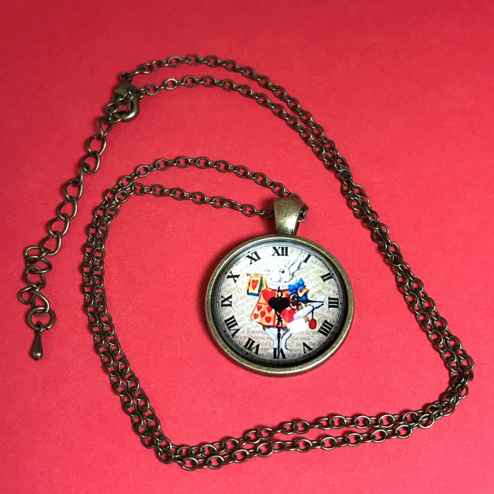 White Rabbit on a Watch Face Bronze Tone Necklace - Picture 3 of 5